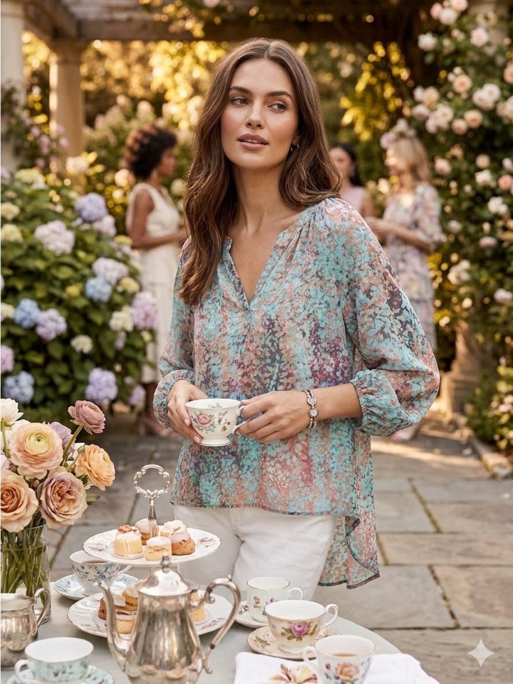 Cynthia Rowley Watercolor V-Neck Printed High-Low Peasant Blouse (M)
